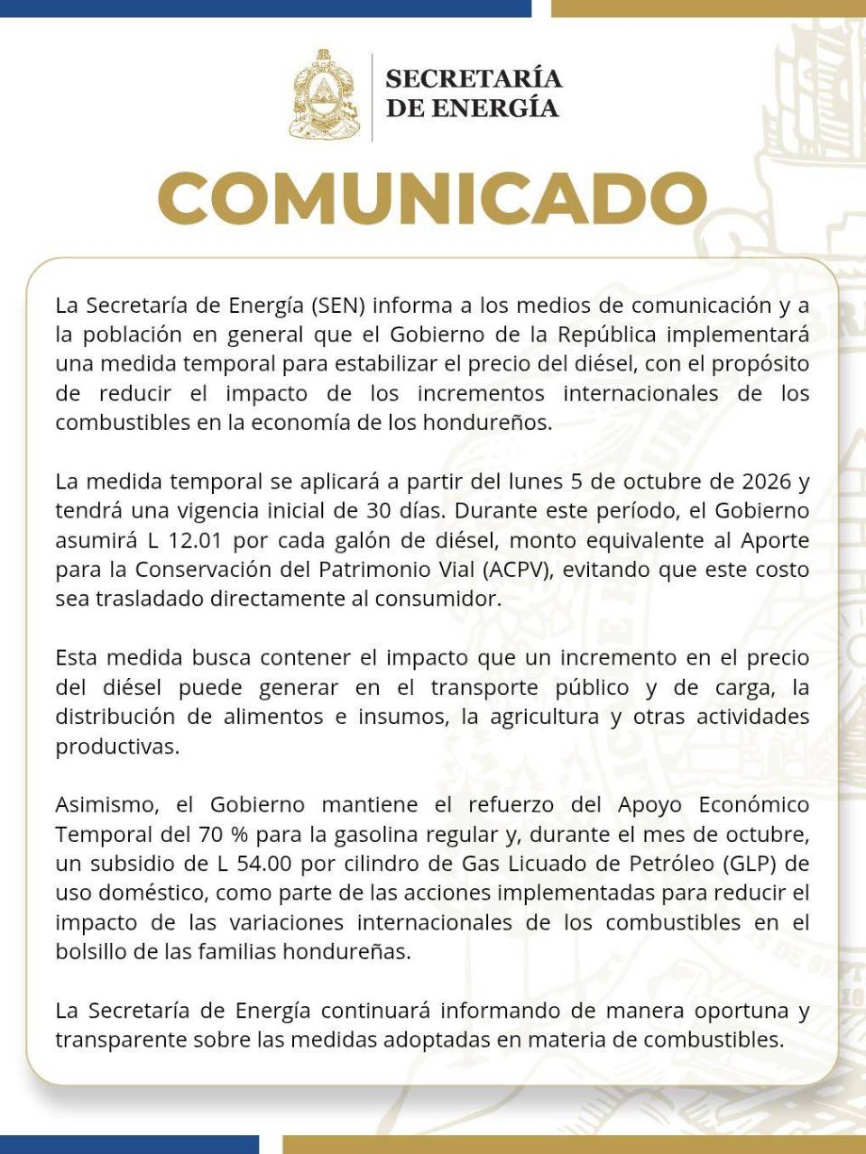 Comunicado oficial de la SEN.