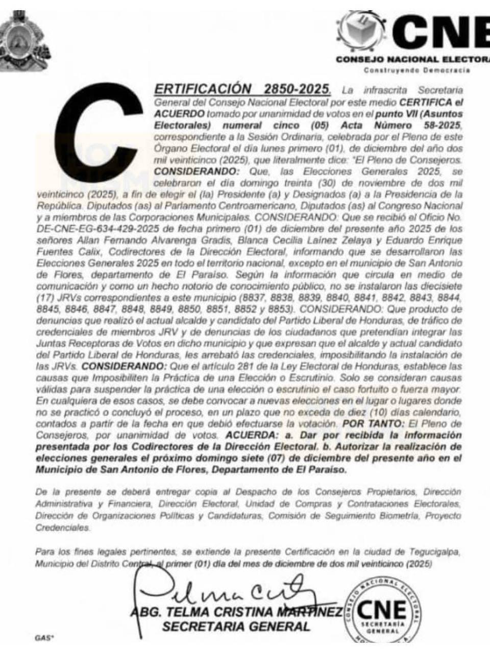 La certificación publicada por el CNE este martes.