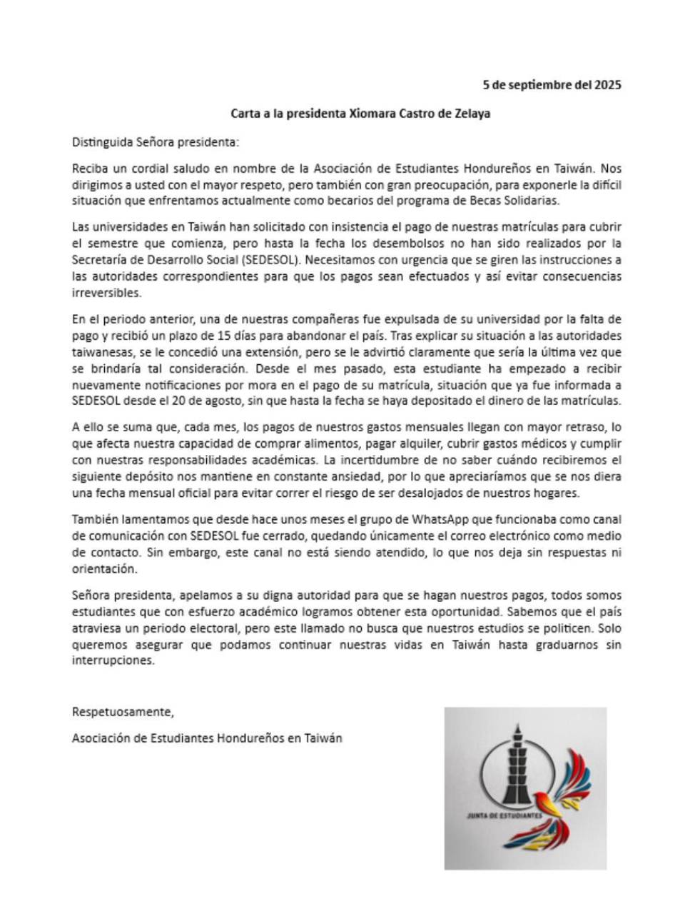 La carta enviada por los estudiantes a la presidenta Castro.