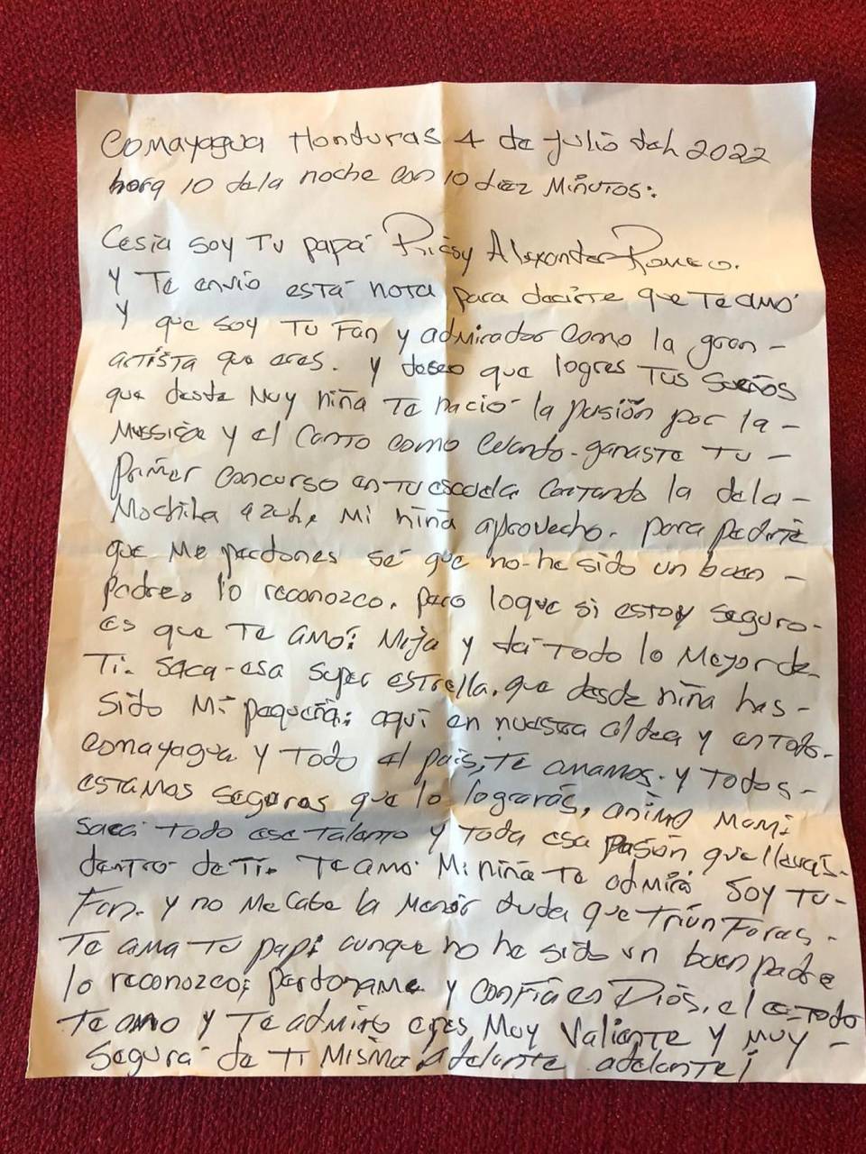 Esta es la carta escrita por el padre de la compatriota.