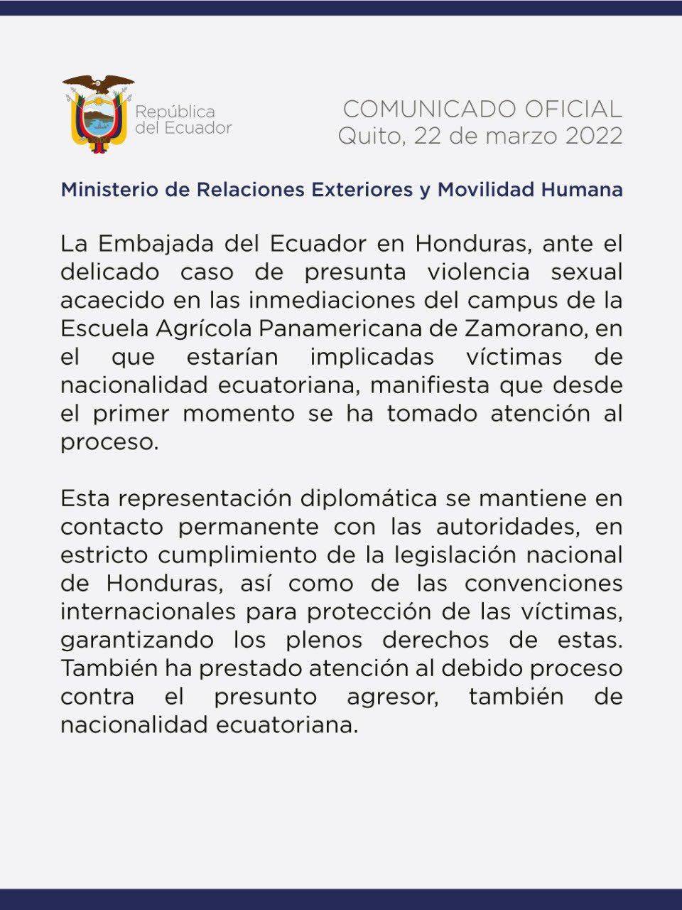 Embajada de Ecuador reacciona a denuncia de violación en El Zamorano