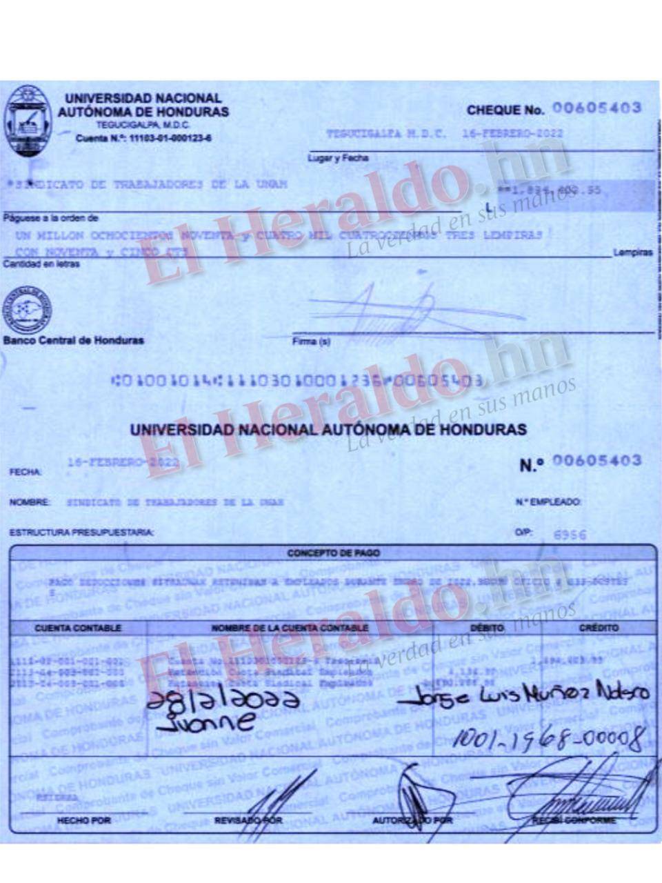 La Unidad Investigativa de El Heraldo Plus accedió mediante una solicitud de información al IAIP a los cheques que la UNAH ha desembolsado al Sitraunah por más de 100 millones de lempiras. Este cheque es de 2022.
