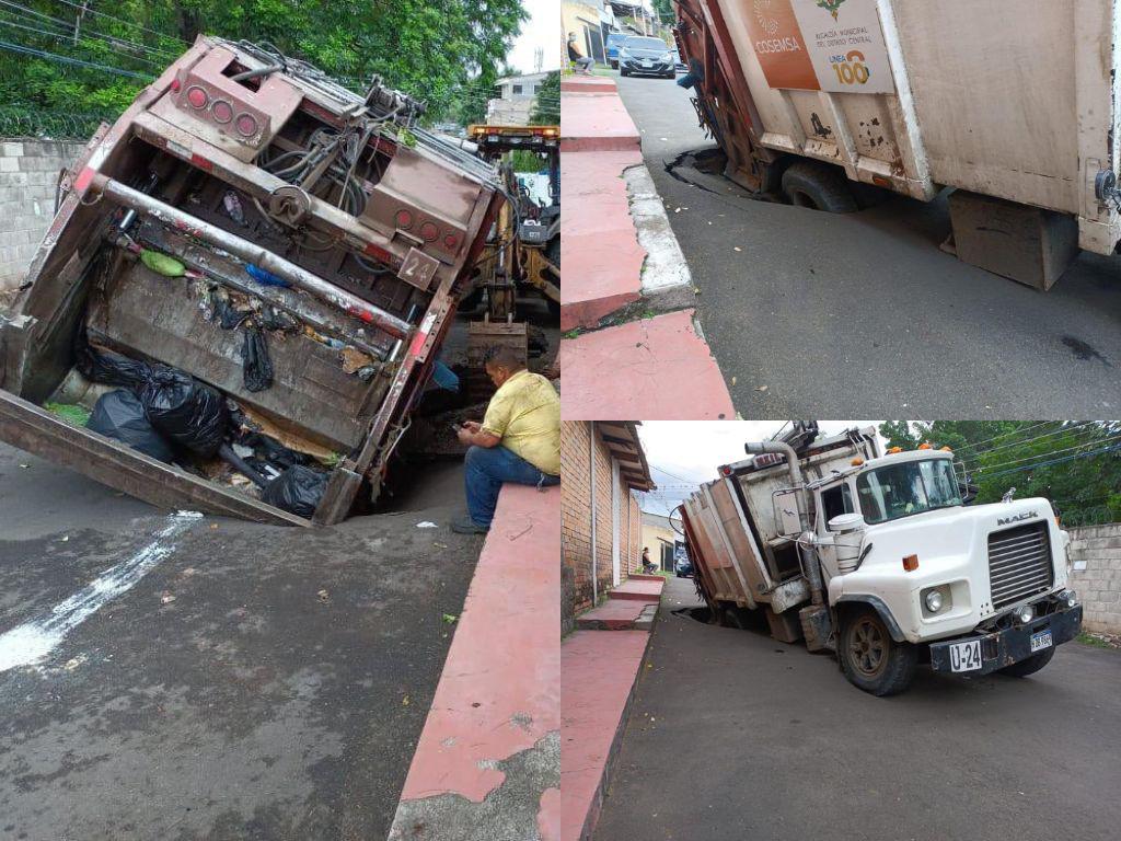 Se hunde pavimento en la colonia Miraflores; camión quedó atascado