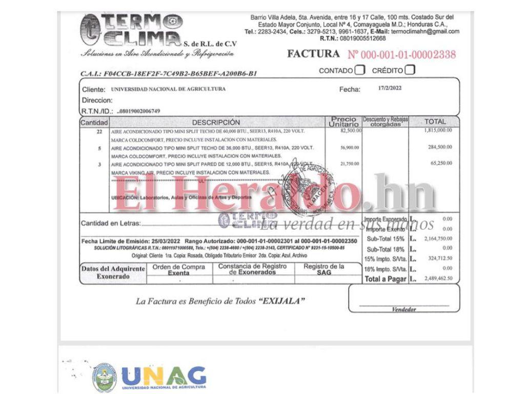 $!En esta factura está el precio de la compra de 22 aires acondicionados de 60,000 btu, de 36,000 btu y de 12,000 btu sin el respectivo Impuesto Sobre Venta, el cual se suma al final y se hace un monto total de 2,489,462 lempiras.