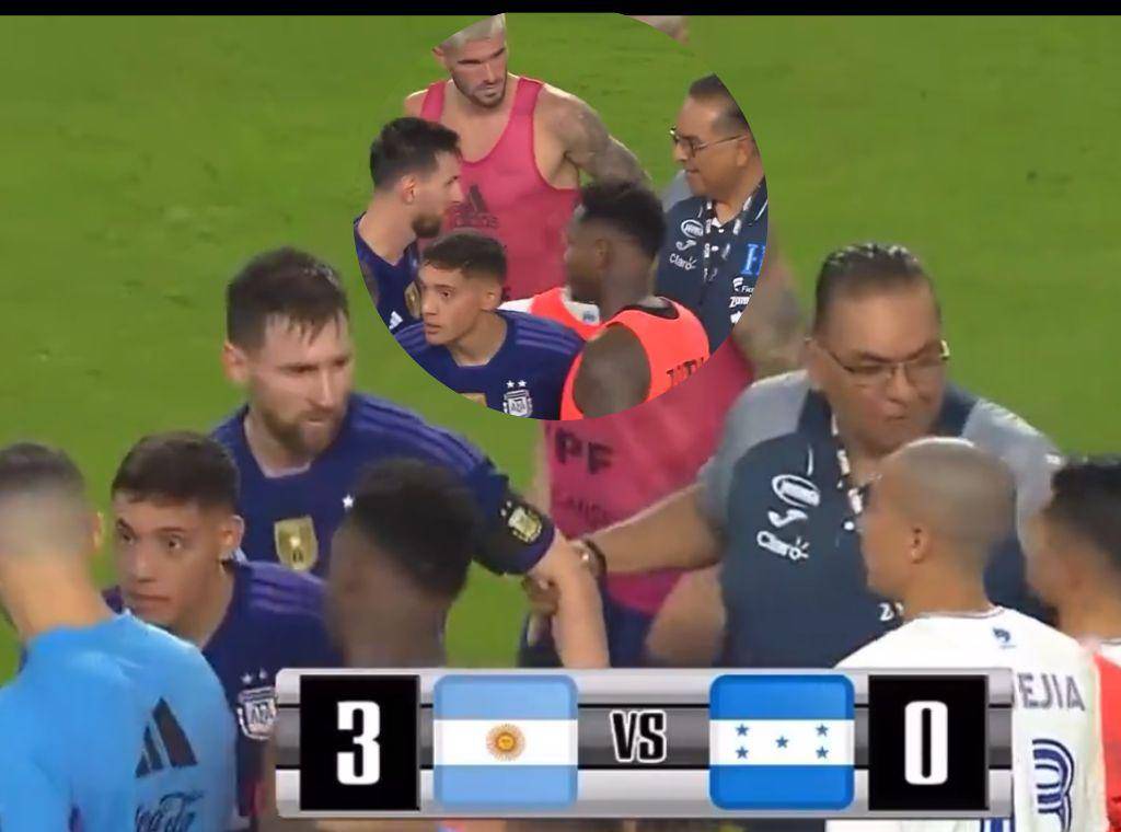 Momento exacto en el que el kinesiólogo Gerardo Mejía tomó del brazo a Lionel Messi para poder tomarse una foto al finalizar el partido amistoso entre Honduras y Argentina.