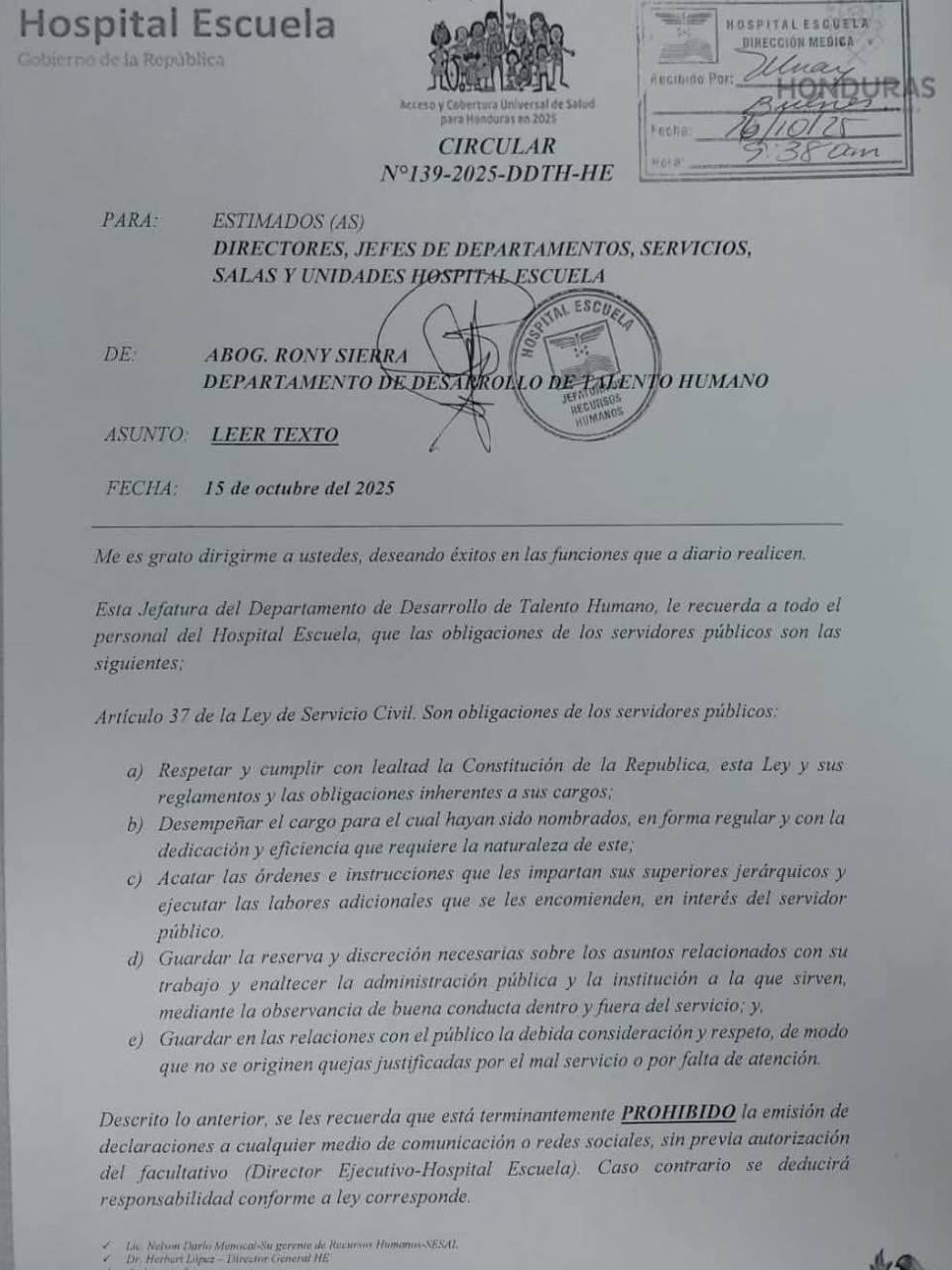 La circular fue emitida este miércoles 15 de octubre y fue firmada por el jefe de Desarrollo de Talento Humano del hospital.