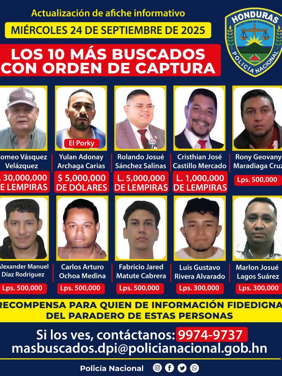 Recompensa por información de Romeo Vásquez Velásquez aumenta a L 30 millones