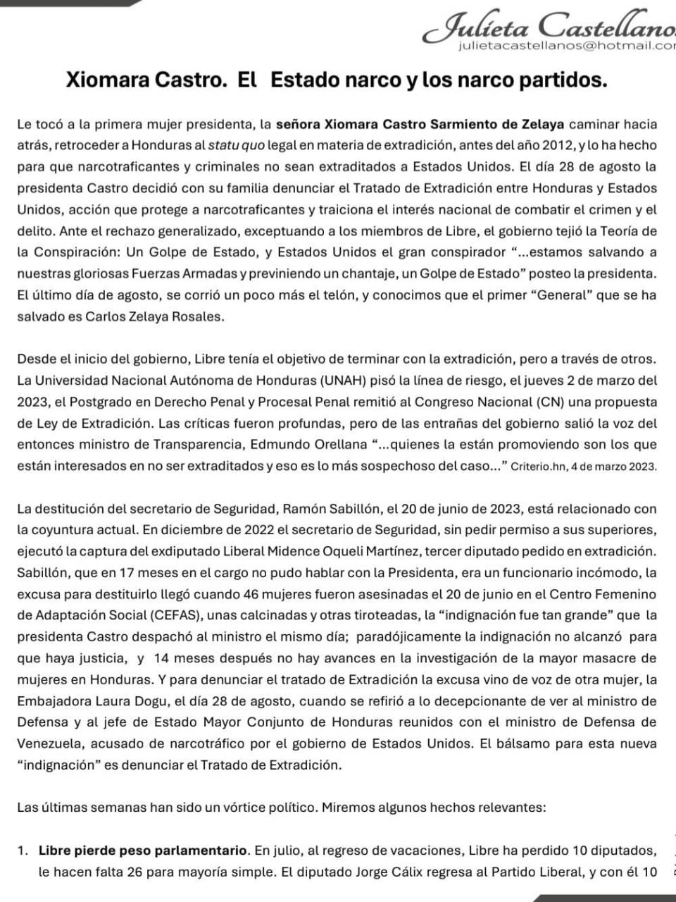 Julieta Castellanos: “Libre está con el mismo problema del Partido Nacional, el narco les da a todos”