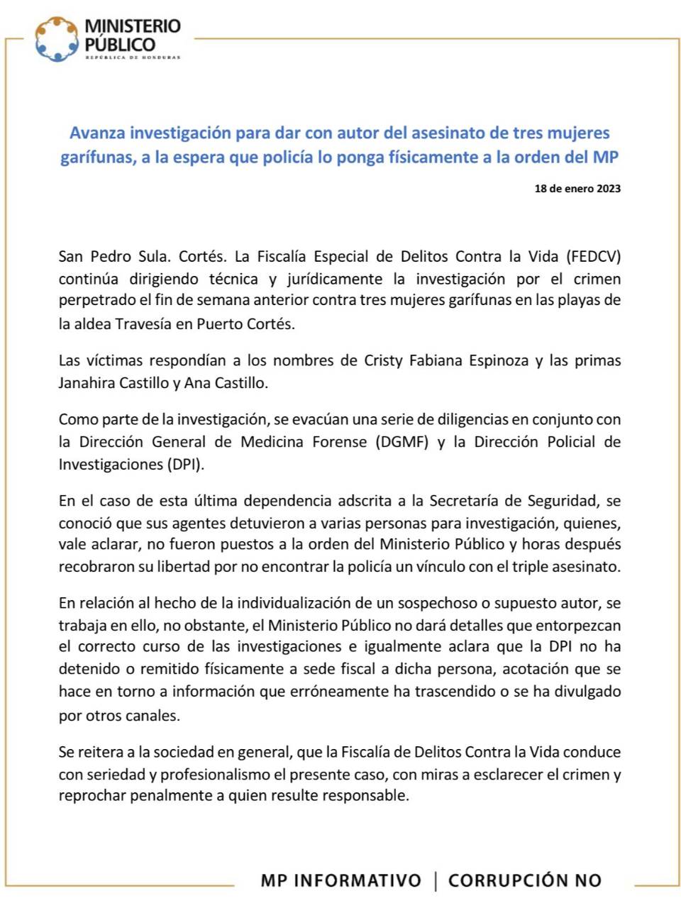 Detenidos por masacre en Puerto Cortés fueron liberados por no tener vínculos con el triple asesinato