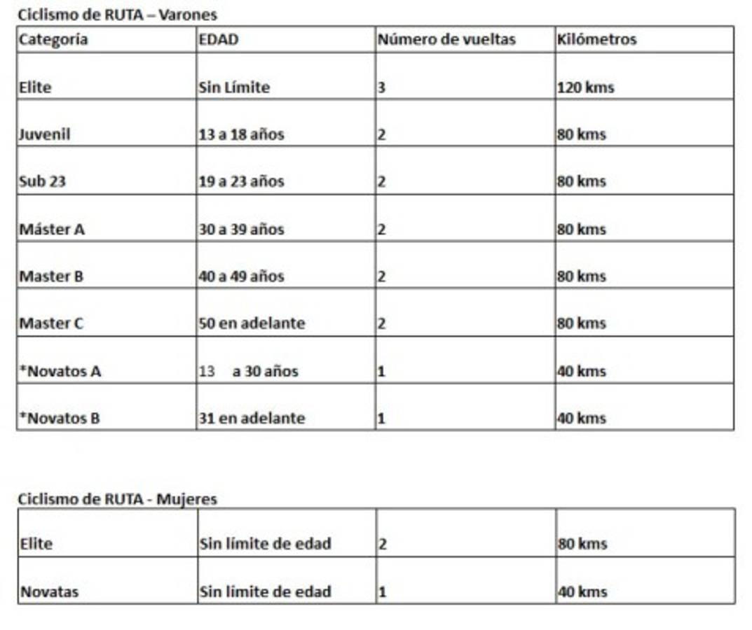 Se abrieron 20 categorías en adultos que detallamos a continuación: