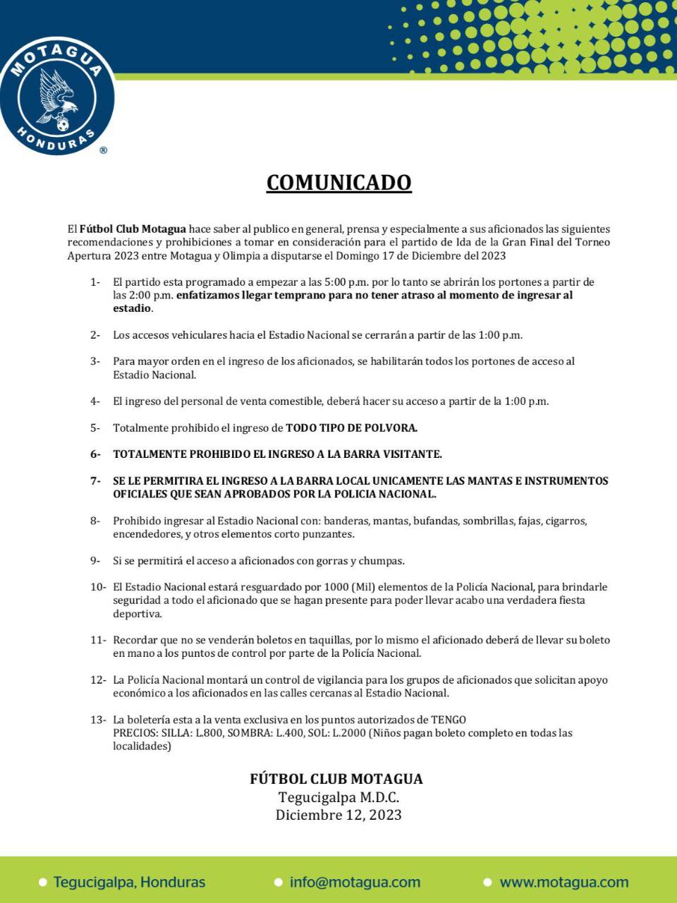 Comunicado de Motagua.