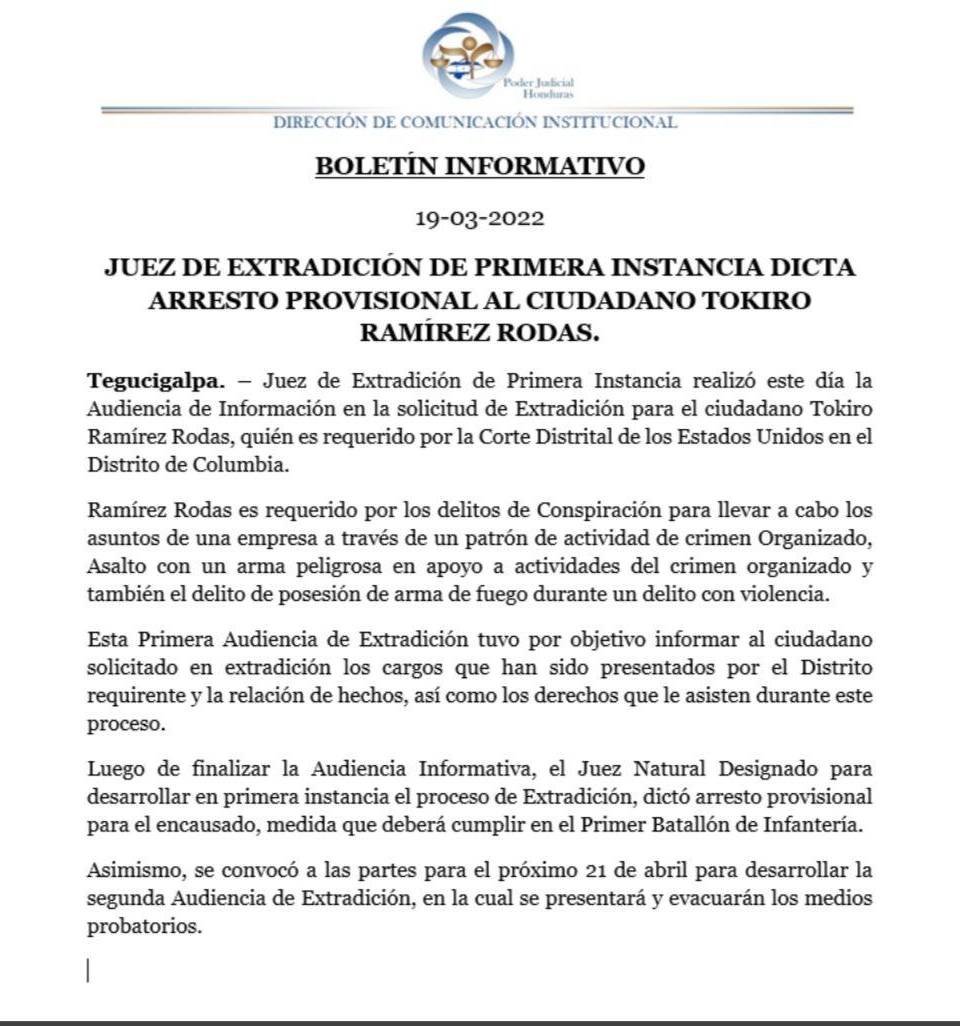 Dictan arresto provisional al extraditable salvadoreño Tokiro Ramírez Rodas