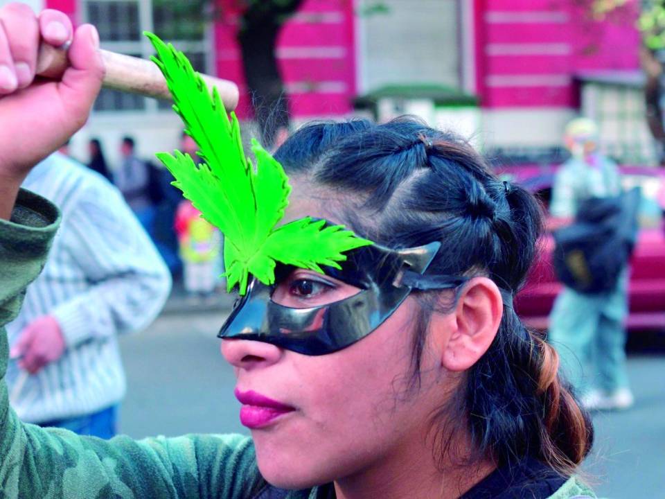 Protesta. Una mujer boliviana participa, el fin de semana, en el centro de La Paz y ante el Ministerio de Salud en una marcha para impulsar un proyecto de ley de acceso integral a la marihuana y reclamar su despenalización con fines medicinales y culturales para no sea comerciada por parte del narcotráfico.