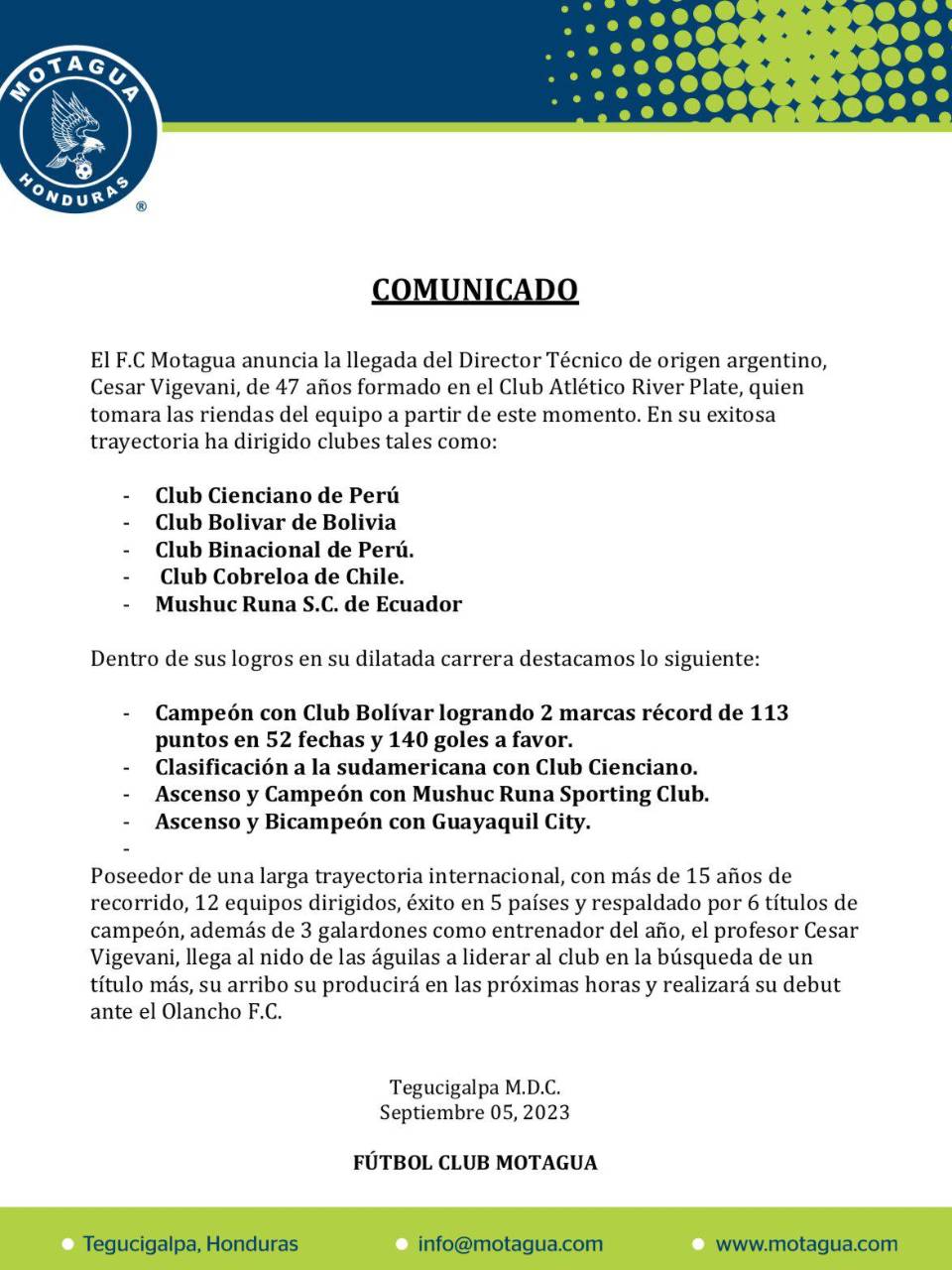 ¡OFICIAL! César Vigevani es el nuevo entrenador del Motagua