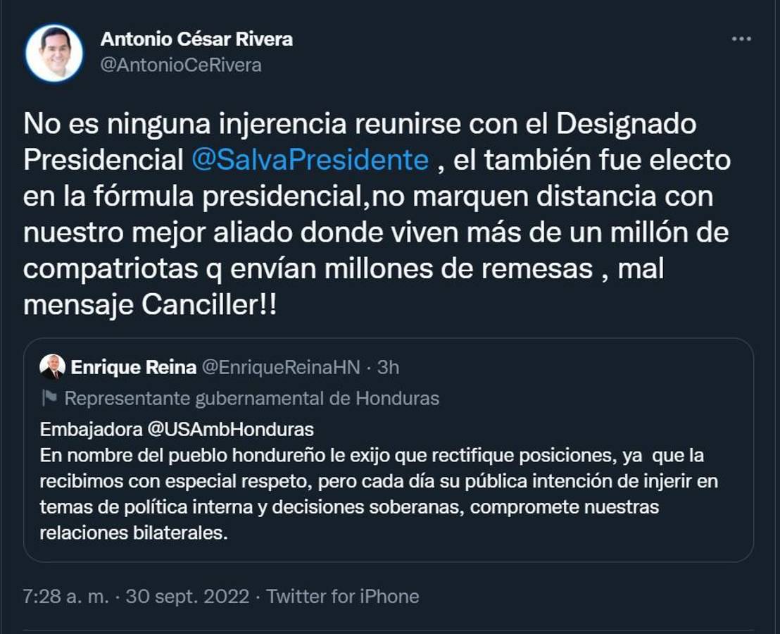 Nacionalistas arremeten contra el canciller Reina tras mensaje a embajadora de EEUU