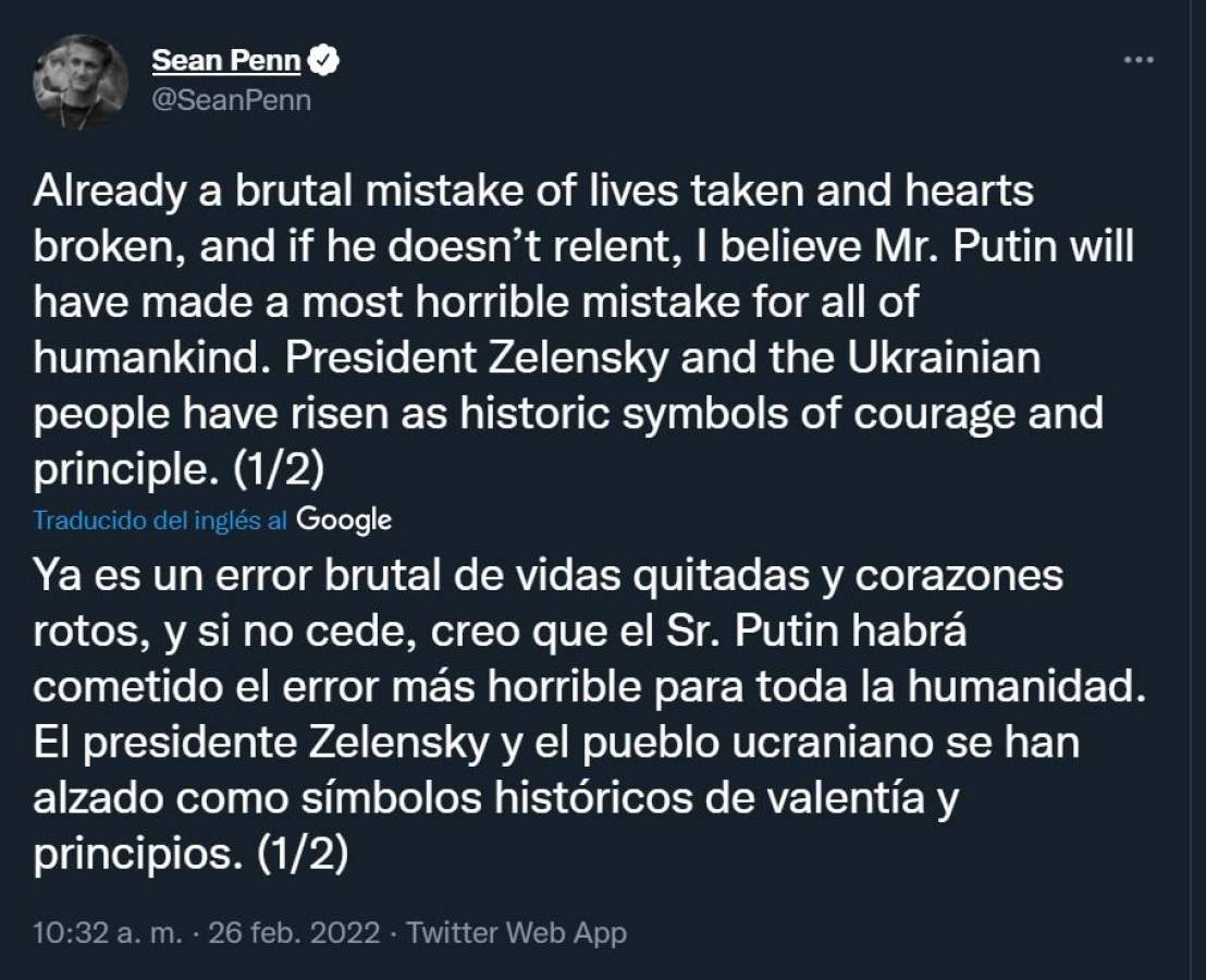 Sean Penn sobre conflicto: “El señor Putin habrá cometido un error de lo más horrible”