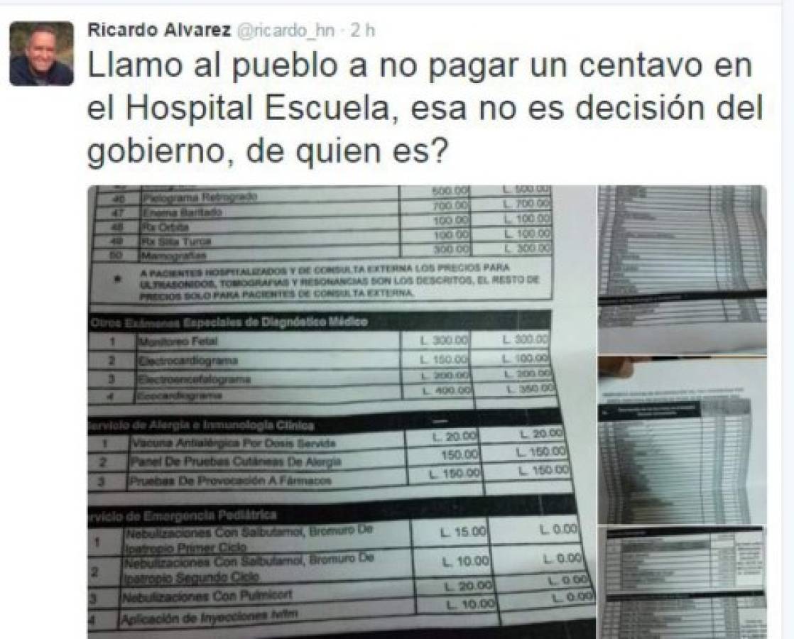 Álvarez: 'Llamo al pueblo a no pagar un centavo en el Hospital Escuela'