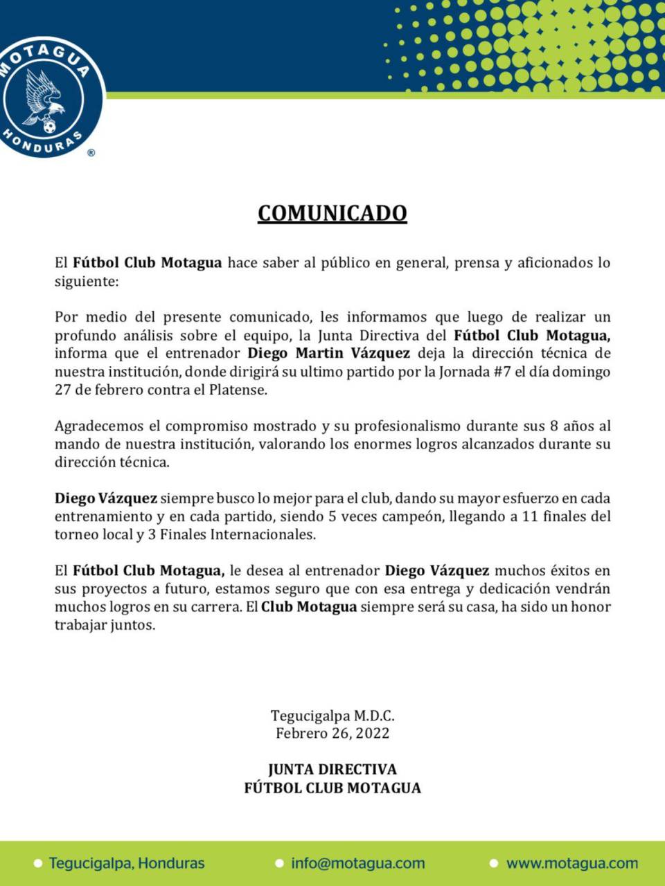 Oficial: Diego Vázquez deja de ser entrenador de Motagua