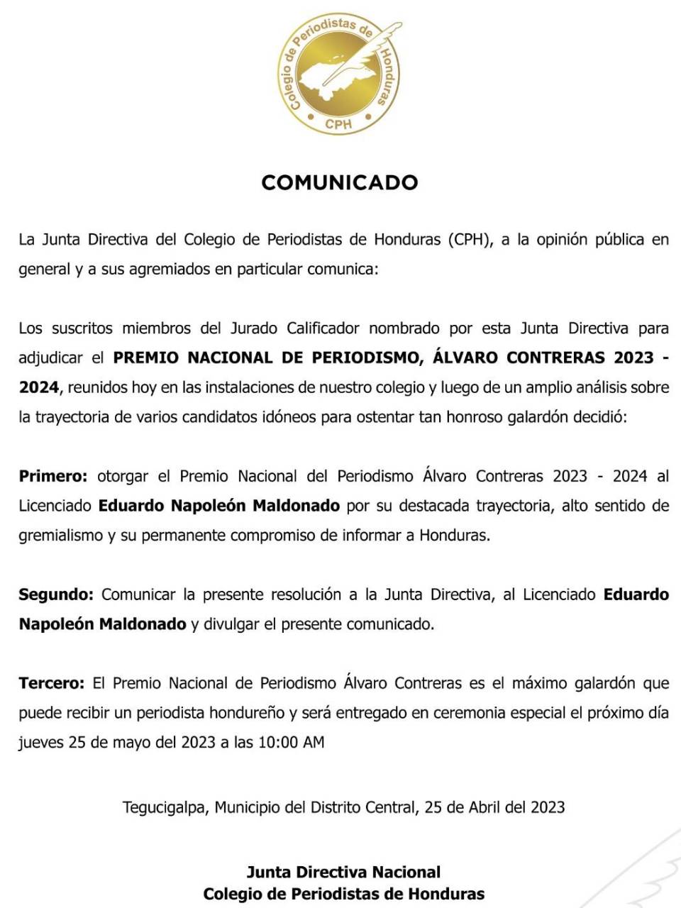El comunicado emitido por el Colegio de Periodistas de Honduras.
