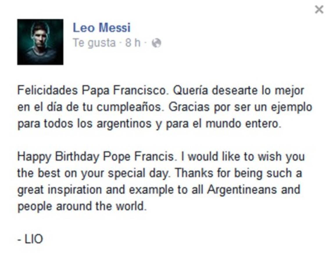 Messi al Papa: 'Lo mejor en el día de tu cumpleaños, gracias por ser un gran ejemplo'