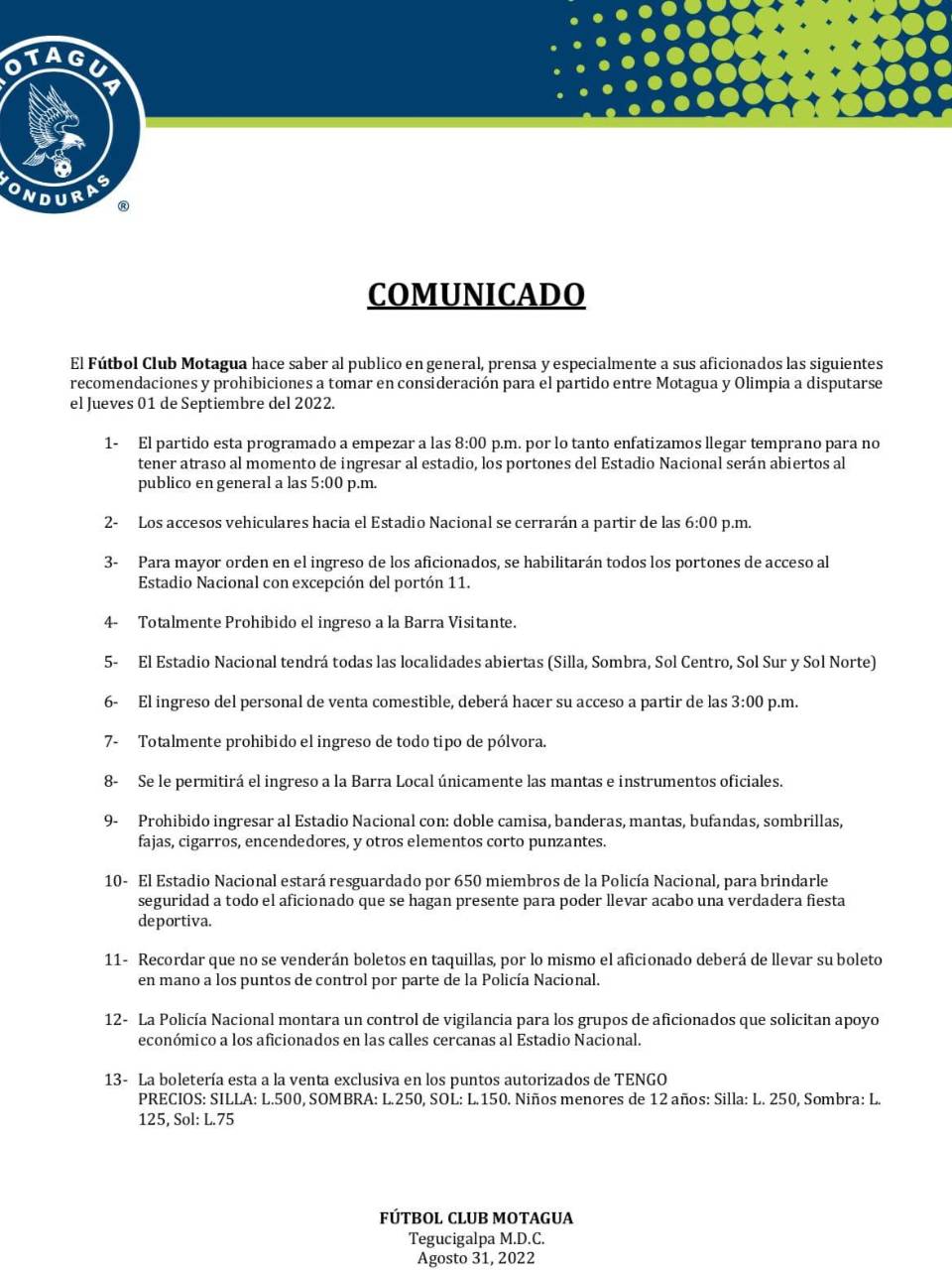 Motagua da a conocer las disposiciones de seguridad para el clásico frente a Olimpia
