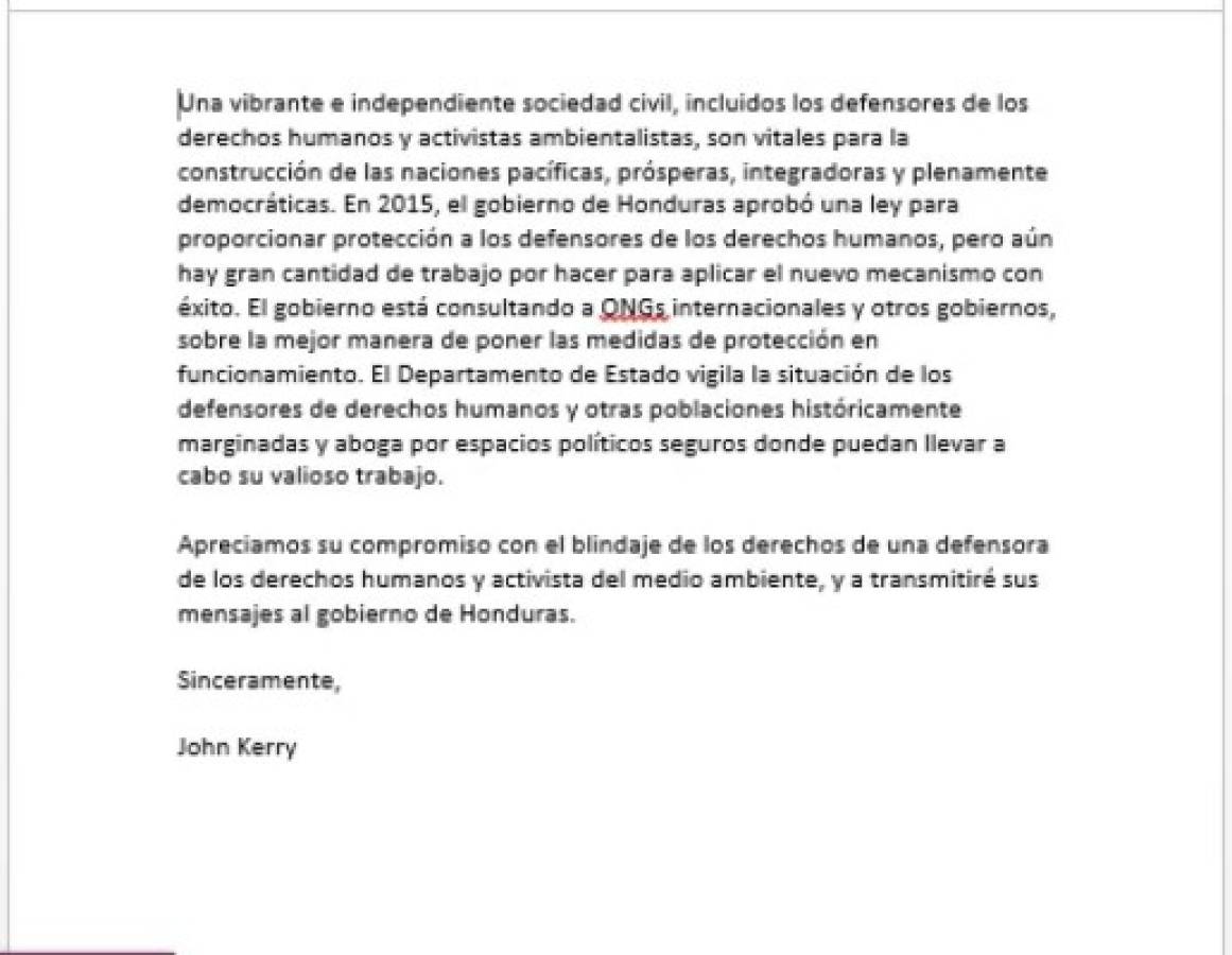 EEUU: John Kerry envía carta por caso de Berta Cáceres