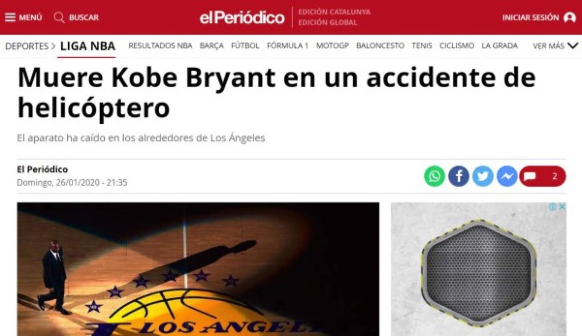 El mundo conmocionado por muerte de Kobe Bryant: Así informaron los medios