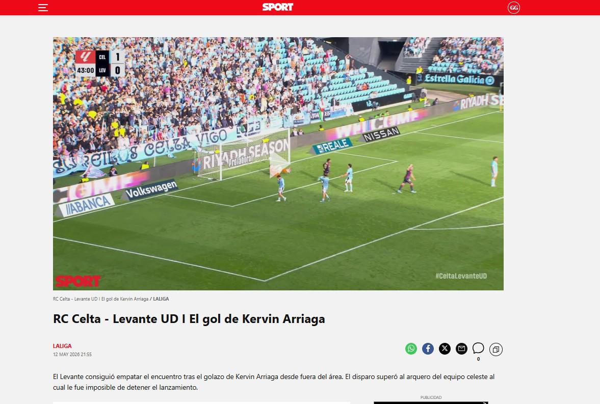 Lo que dicen en España sobre golazo de Kervin Arriaga en triunfo del Levante