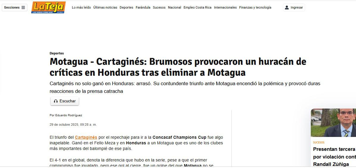 Lo que publicaron los medios de Costa Rica tras eliminación de Cartaginés a Motagua