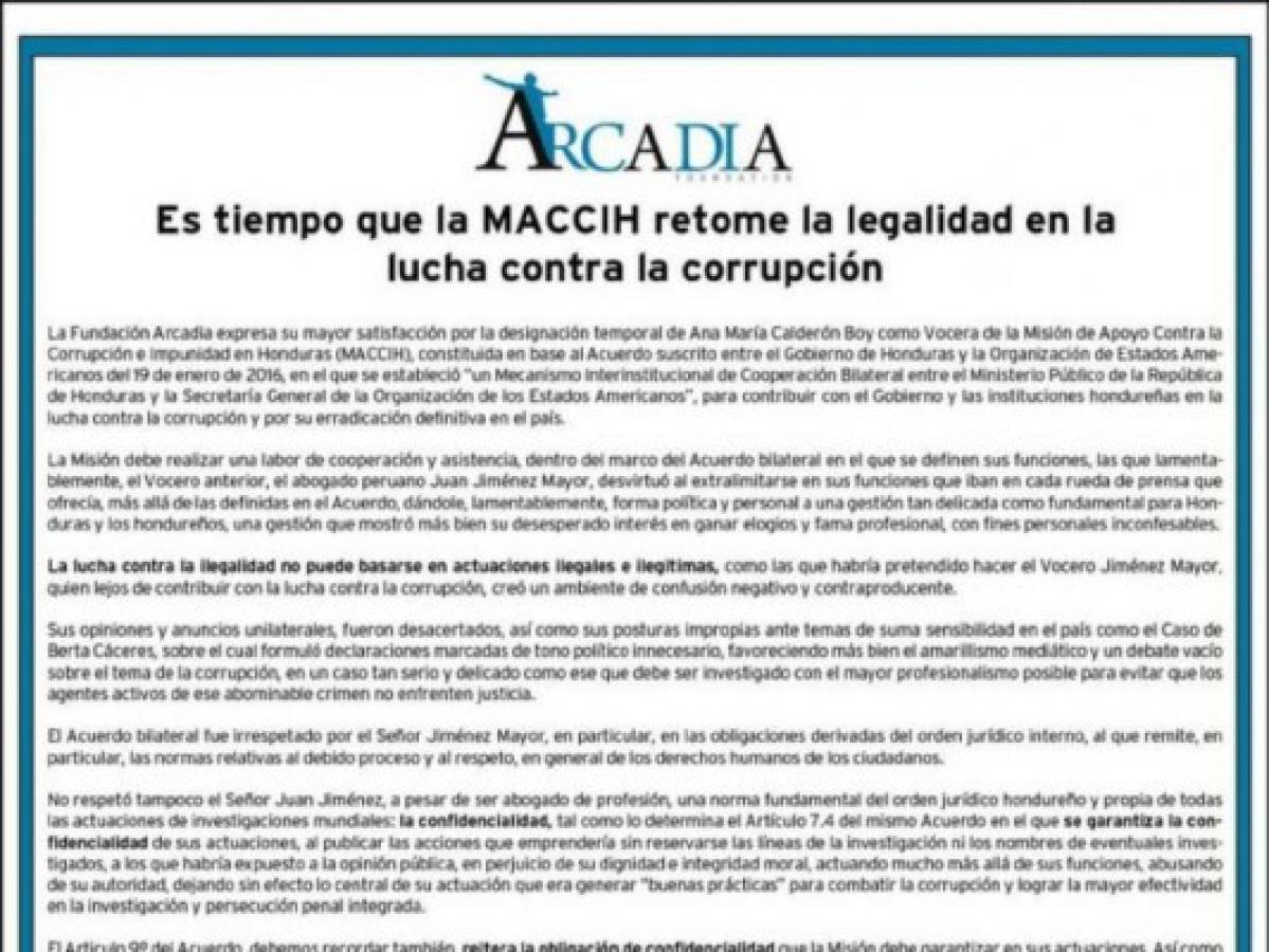 La Fundación Arcadia pide a la MACCIH que retome la legalidad en la lucha contra la corrupción