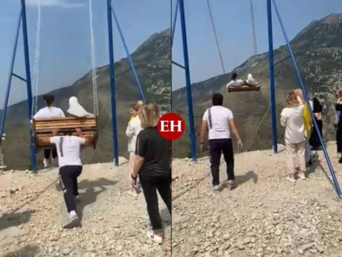 ¡De película! Cadena de columpio se rompe al borde de un precipicio en Rusia