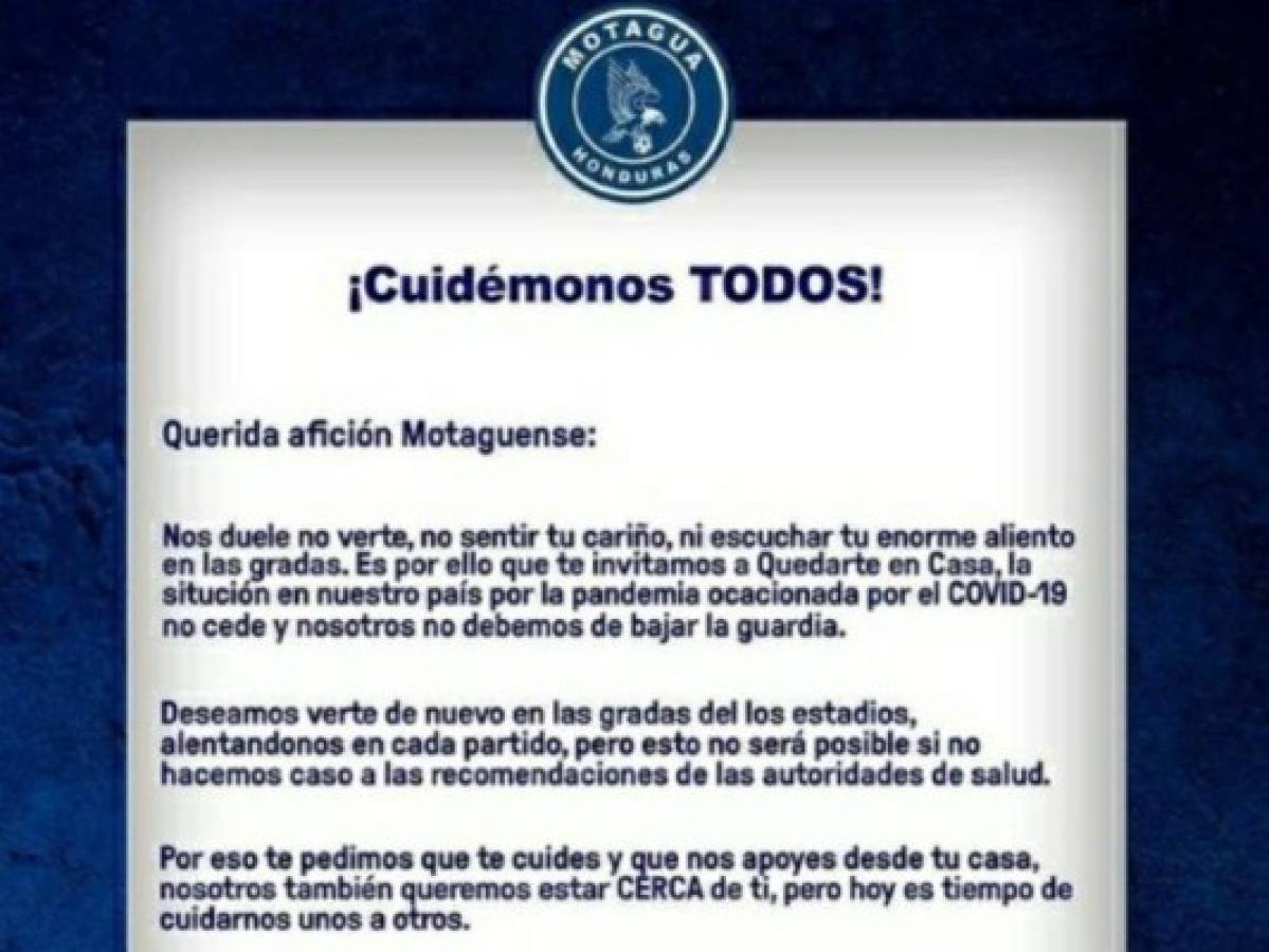 Motagua pide a su afición quedarse en casa para evitar masivos contagios del coronavirus