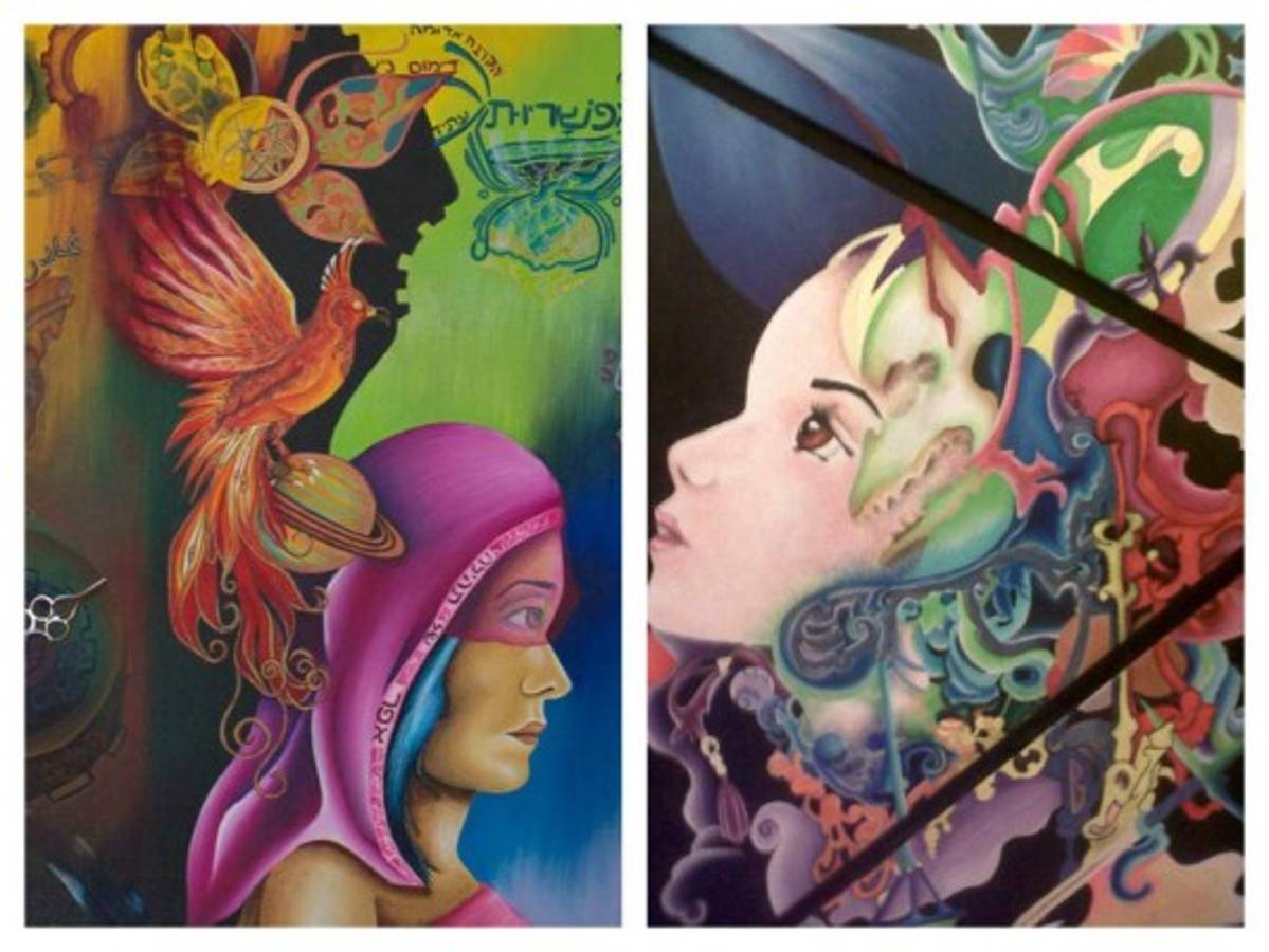 Izquierda, La niña fénix: basado en el éxodo israelita de Egipto, la tierra de la esclavitud, hacia la tierra prometida de los israelitas. Derecha, Emergiendo de las sombras: demuestra una batalla entre el balance y la muerte interna.