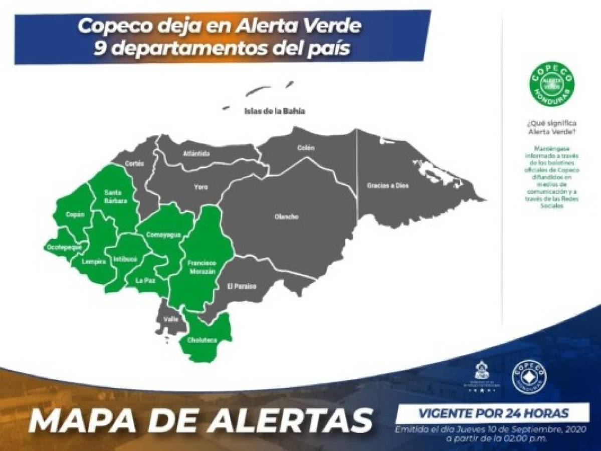El mapa difundido por Copeco muestra los nueve departamentos en donde se presentarán lluvias en las próximas 24 horas.
