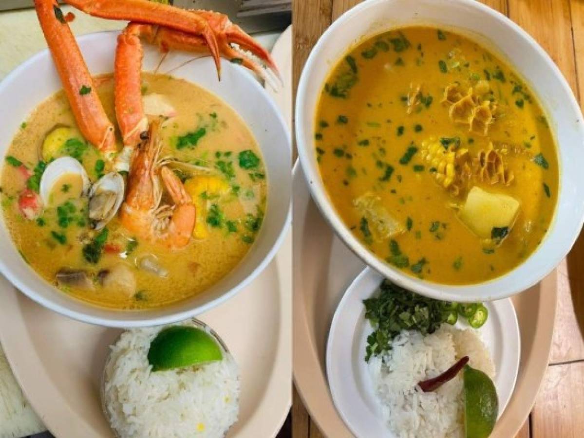 Las sopas de mondongo y de mariscos con coco son otra especialidad del restaurante catracho, ambas se acompañan con arroz blanco y rodajas de limón. FOTO: Diario El Heraldo