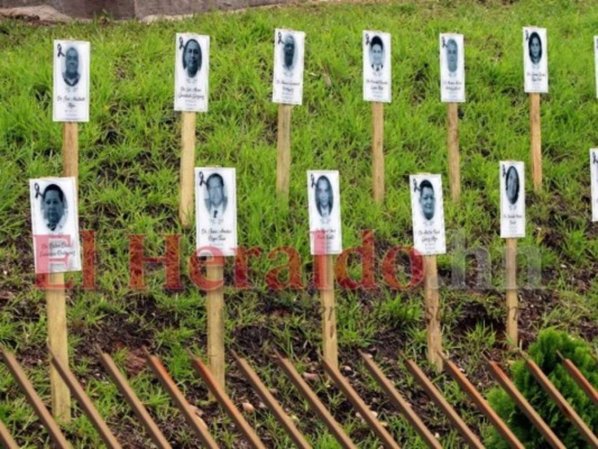 Los rostros de los héroes, pero a la vez mártires a causa del virus, fueron colocados a vista de todos los visitantes del Colegio Médico. Foto: Alex Pérez/ EL HERALDO.