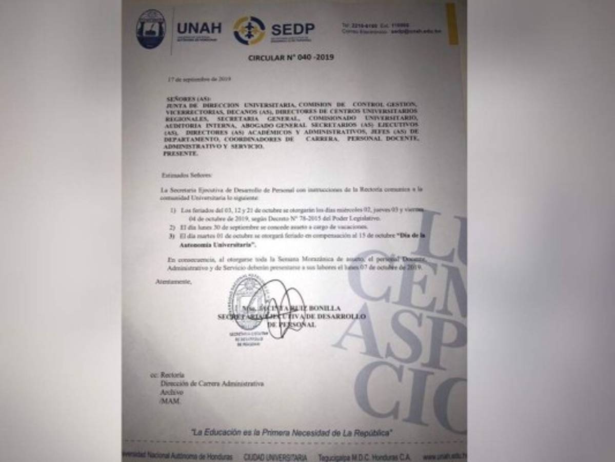 Circular circular N°040-2019 SEDP, confirma los días de asueto. Foto: UNAH.