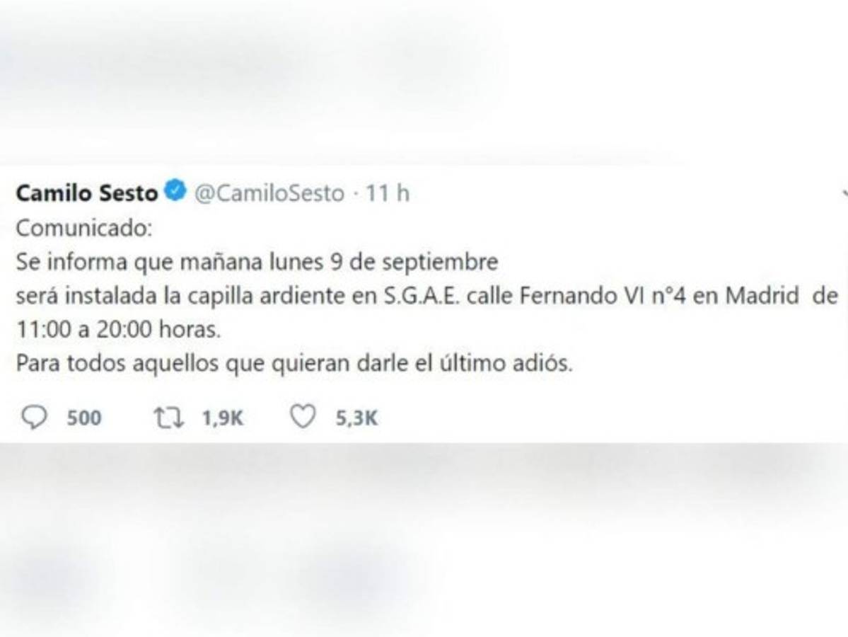 Este es el breve comunicado que sus seres queridos hicieron circular en las redes sociales. Foto: Twitter Camilo Sesto