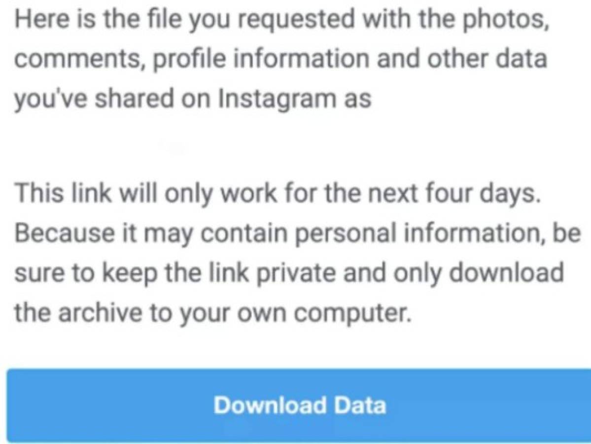 El aviso que da Instagram al momento de descargar datos. Foto: Captura.