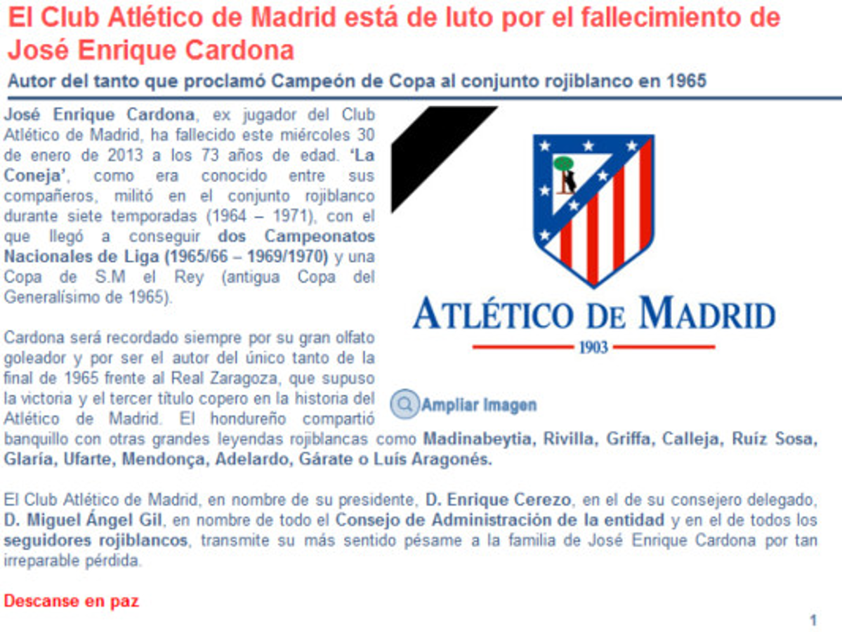 Luto en el Atlético de Madrid por muerte de 'La Coneja' Cardona