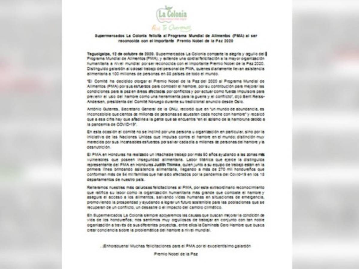 La Colonia felicita al PMA por recibir el Premio Nobel de la Paz 2020