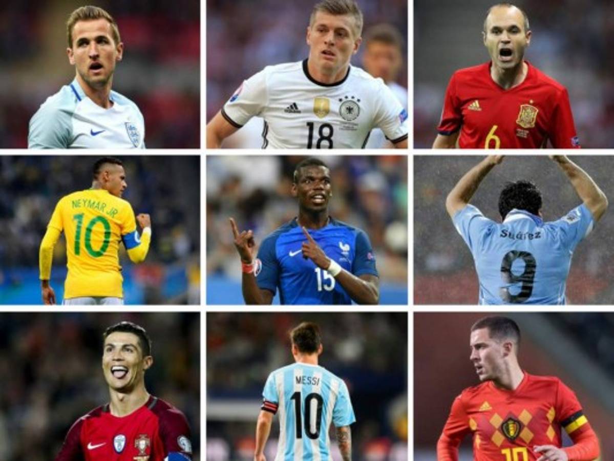 Harry Kane de Inglaterra, Toni Kroos de Alemania, Andrés Iniesta de España, Neymar de Brasil, Paul Pogba de Francia, Luis Suárez de Uruguay, Cristiano Ronaldo de Portugal, Lio Messi de Argentina y Eden Hazard de Bélgica. Sin duda, las grandes figuras del Mundial.