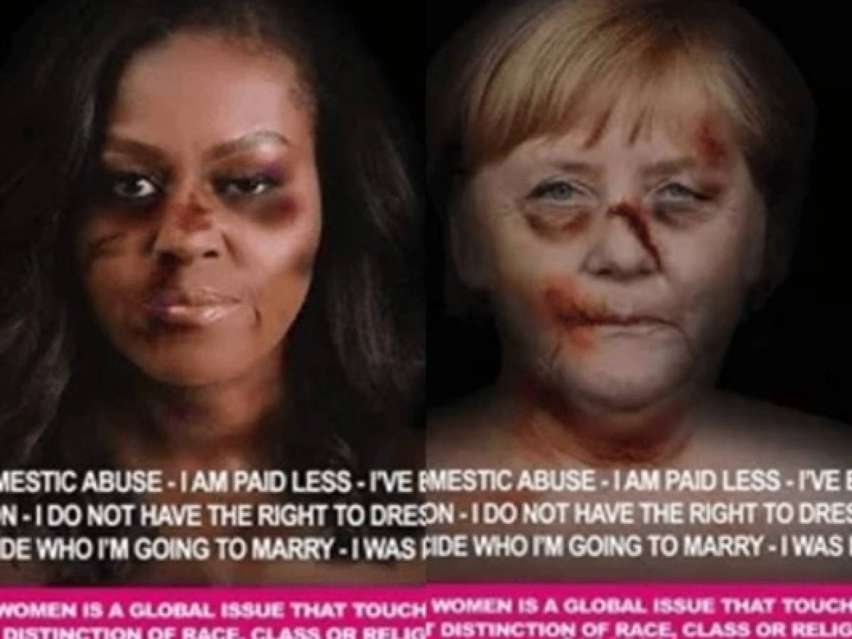 Michelle Obama y Angela Merkel con sus caras golpeadas por una buena causa