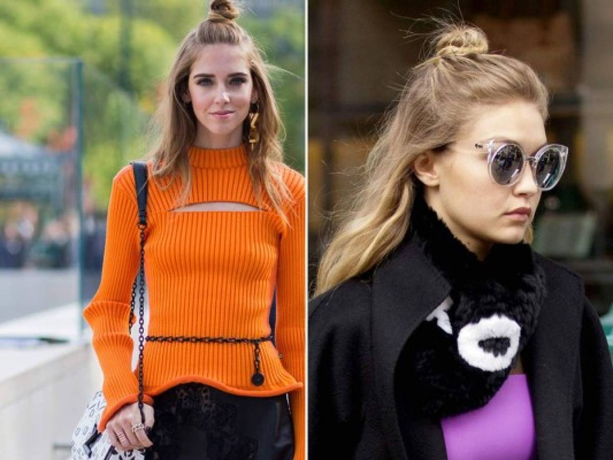 Half-Up BunUn sencillo semi recogido colocado en la parte superior de la cabeza es garantía de éxito. Prueba de ello es que lo lleve Chiara Ferragni y que lo combine con un estilismo de lo más colorido y divertido convirtiéndolo en todo un hit. Y la reina del street style también lo lleva. Gigi Hadid reinterpreta como nadie el half-up bun creando un moño texturizado que sujeta en la parte de arriba de la cabeza.