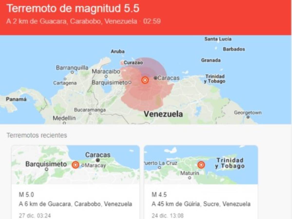 Sismo de magnitud 5,5 sacude región central de Venezuela