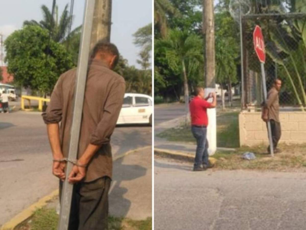 Presunto ladrón es esposado a una señal de tránsito por intentar robar una bolsa de leche