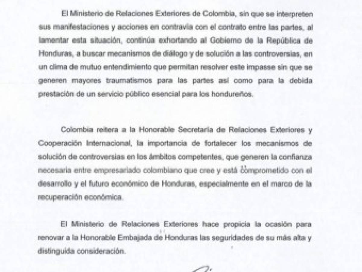 ¿Qué dice la carta que Colombia envió a Honduras por la intervención de la EEH?