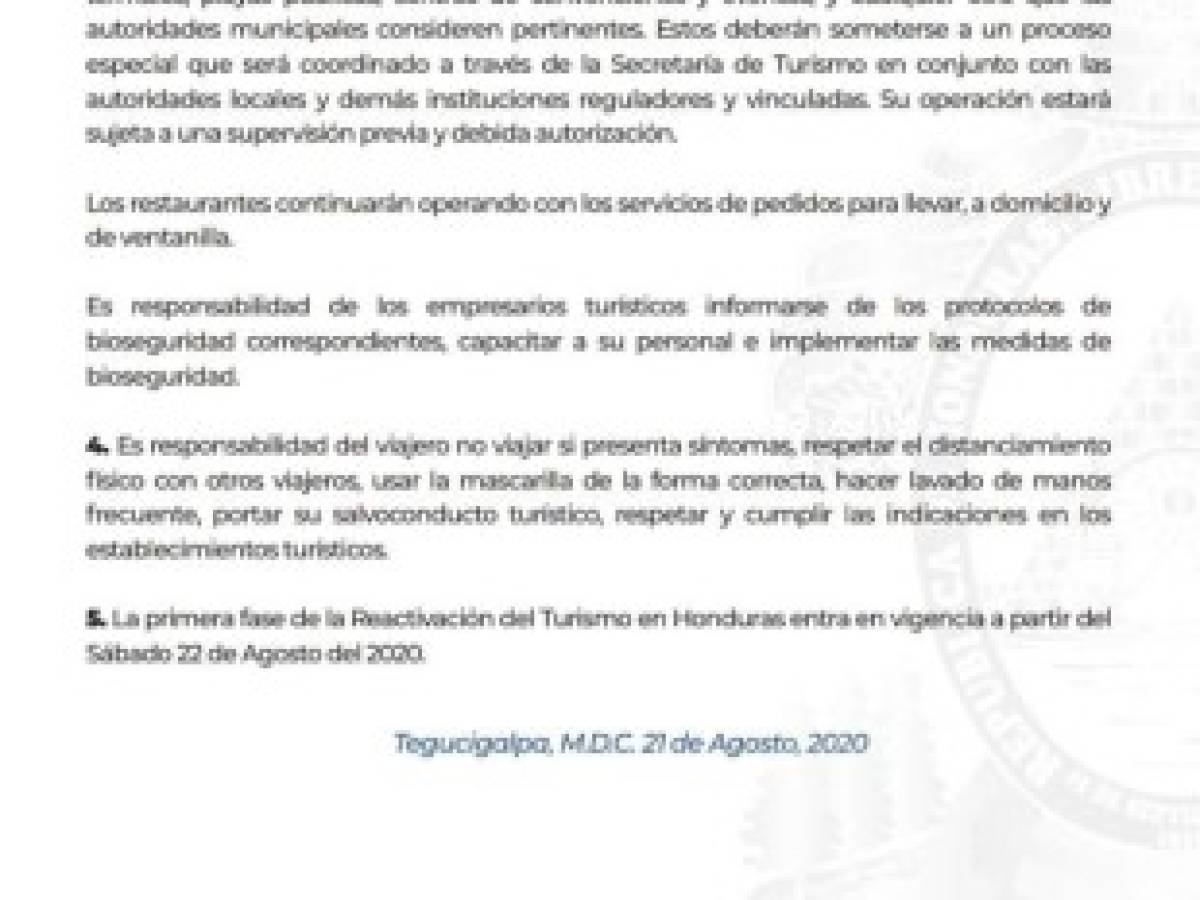 Autorizan la reactivación del sector turismo en Honduras