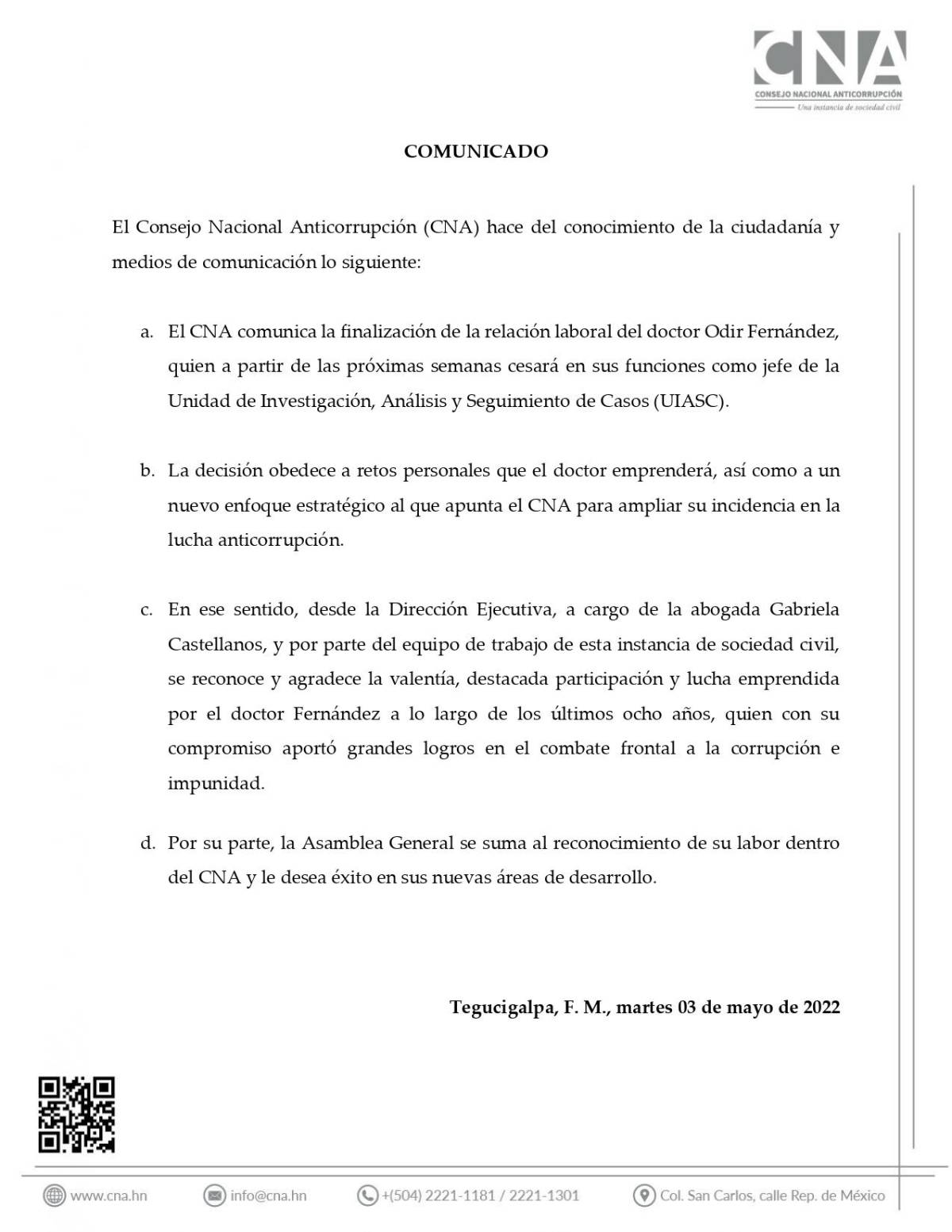 CNA oficializa salida de Odir Fernández de la Unidad de Investigación
