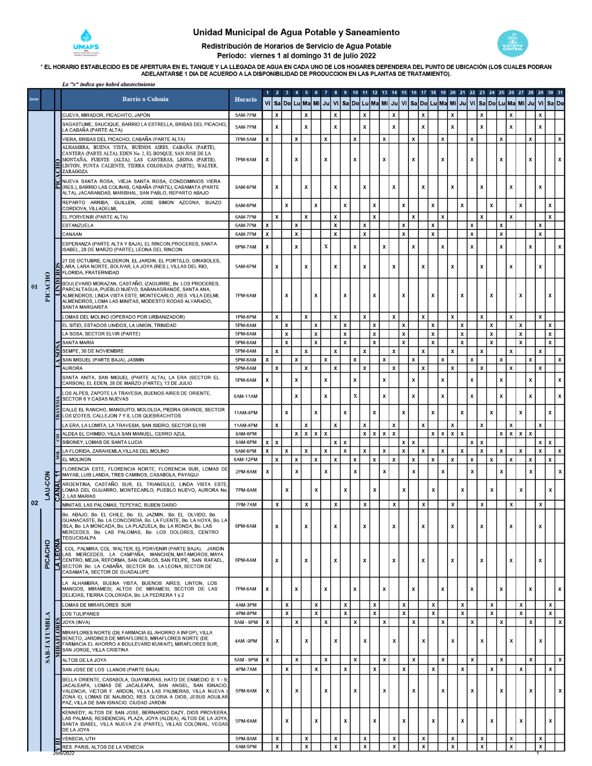 Calendario de distribución de agua potable de julio de 2022